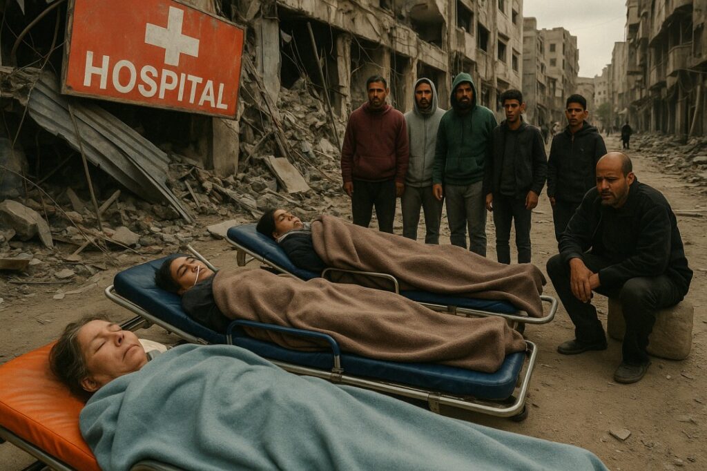 Gaza hospital attack with injured patients and aid workers outside