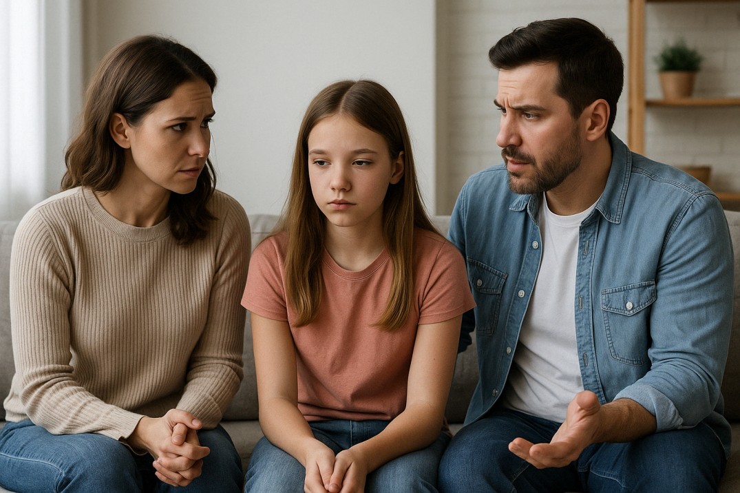 Parent talking to child about puberty in a calm setting