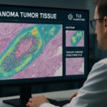 Illustration of a medical researcher using AI software to detect immune structures in melanoma tissue slides, showing color-coded TLS regions.