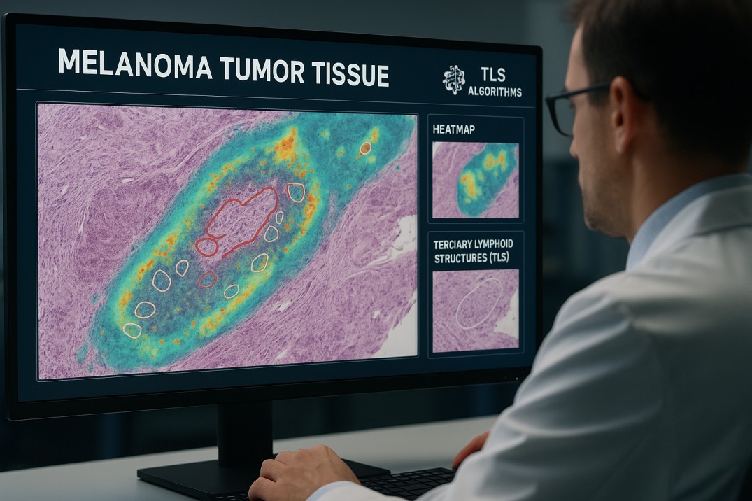 Illustration of a medical researcher using AI software to detect immune structures in melanoma tissue slides, showing color-coded TLS regions.