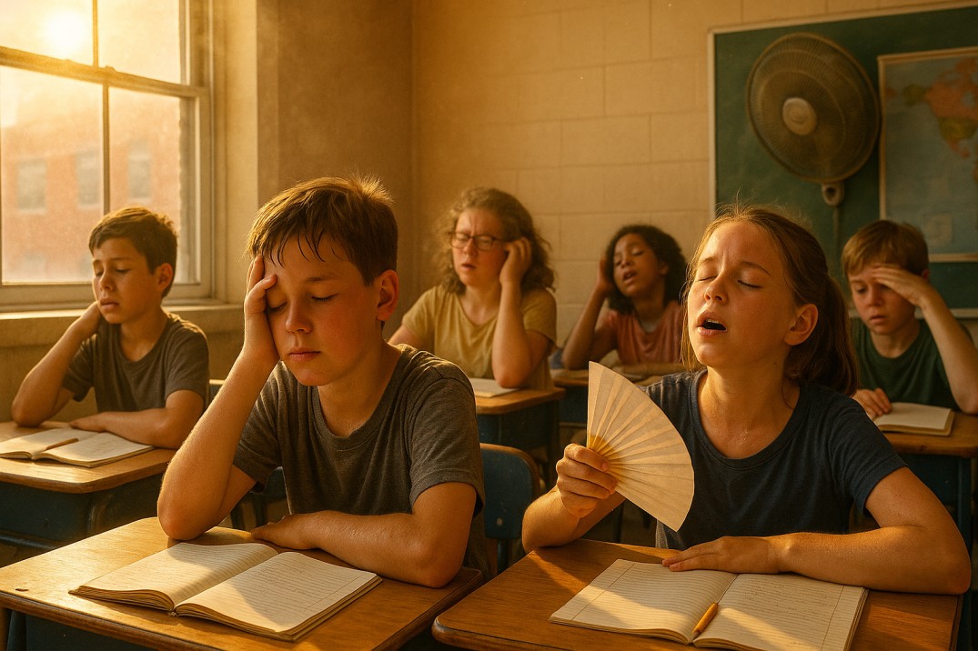 Illustration of diverse children in an overheated classroom using fans, with a wall thermometer showing 30°C, representing extreme heat in schools.