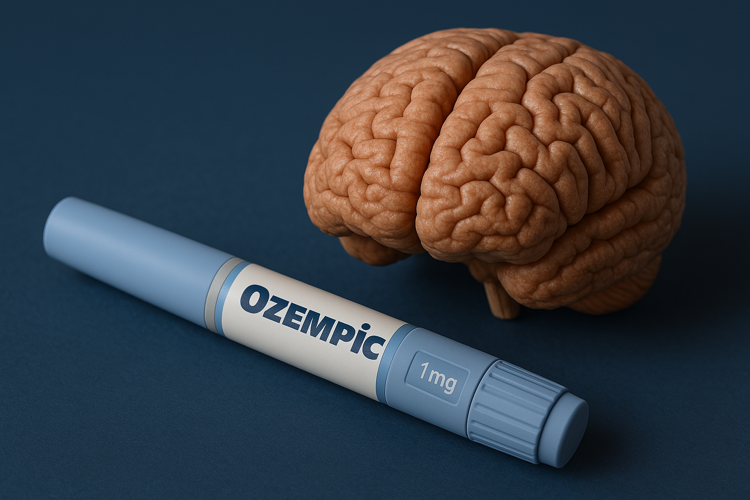 Illustration of Ozempic medication next to a brain icon, symbolizing reduced Alzheimer’s disease risk