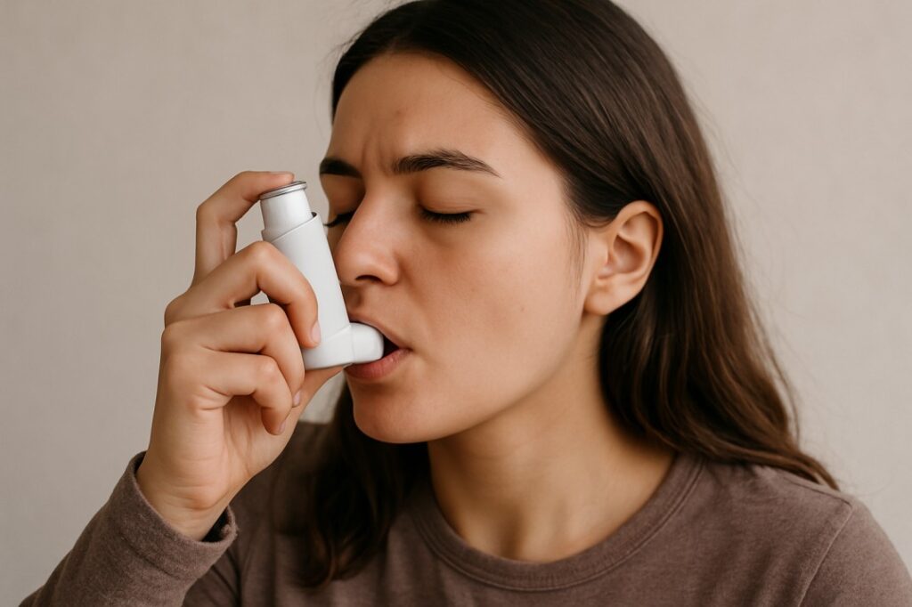 Young woman using asthma inhaler with progesterone-only birth control pills nearby