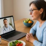 Middle-aged woman in telehealth consultation about lower-dose semaglutide weight loss with doctor on laptop and healthy food on table