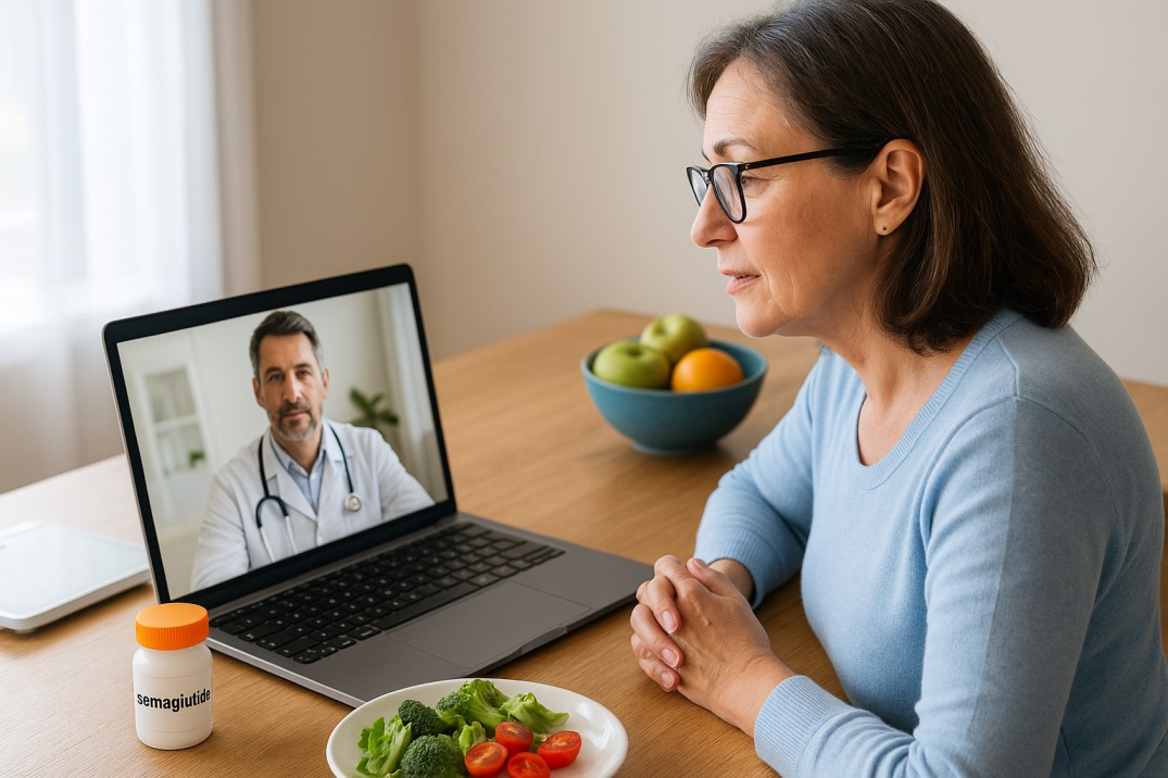 Middle-aged woman in telehealth consultation about lower-dose semaglutide weight loss with doctor on laptop and healthy food on table