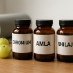Bottles of plant-based supplements alongside Indian gooseberries and exercise gear