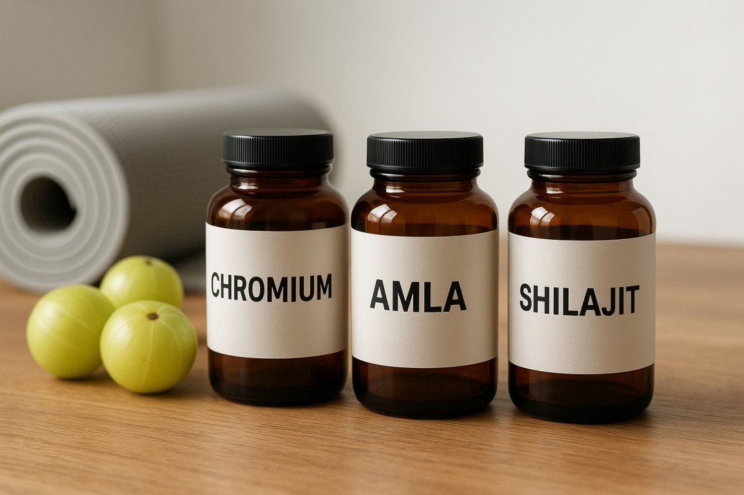 Bottles of plant-based supplements alongside Indian gooseberries and exercise gear