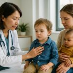 Pediatrician gently examining a tired toddler for respiratory symptoms in a bright clinic room