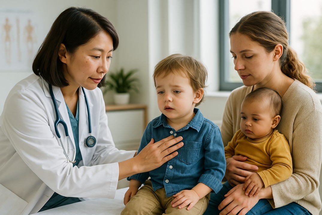 Pediatrician gently examining a tired toddler for respiratory symptoms in a bright clinic room