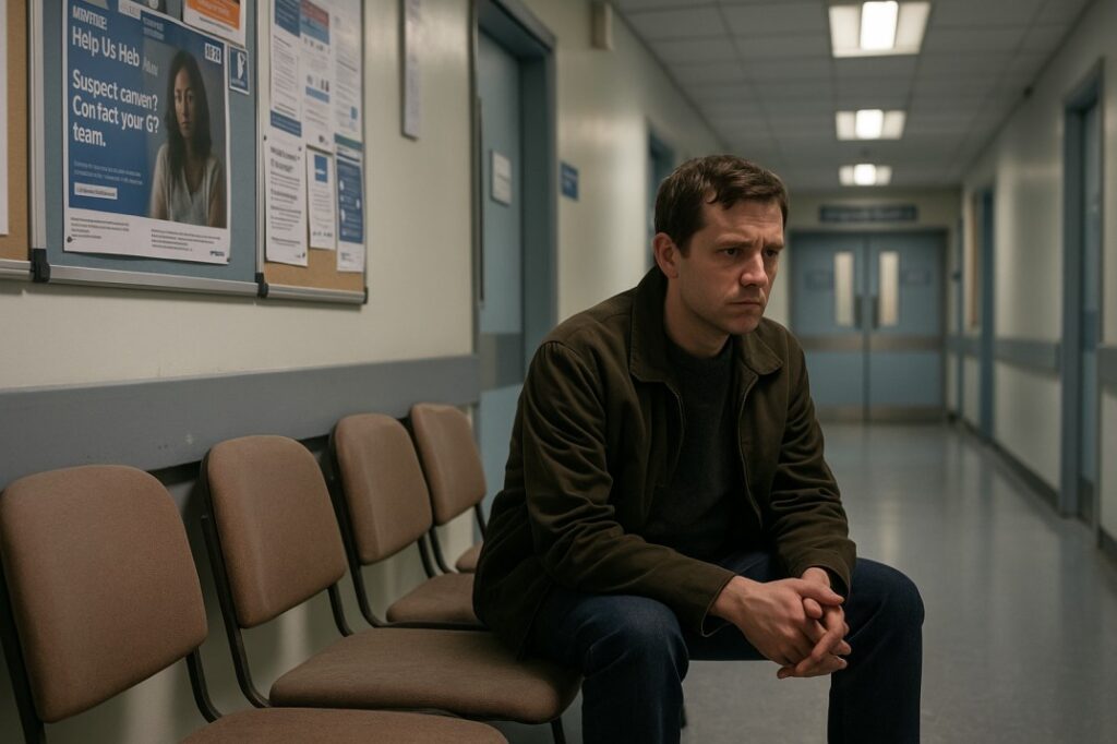 Patient waiting in hospital corridor for cancer diagnosis