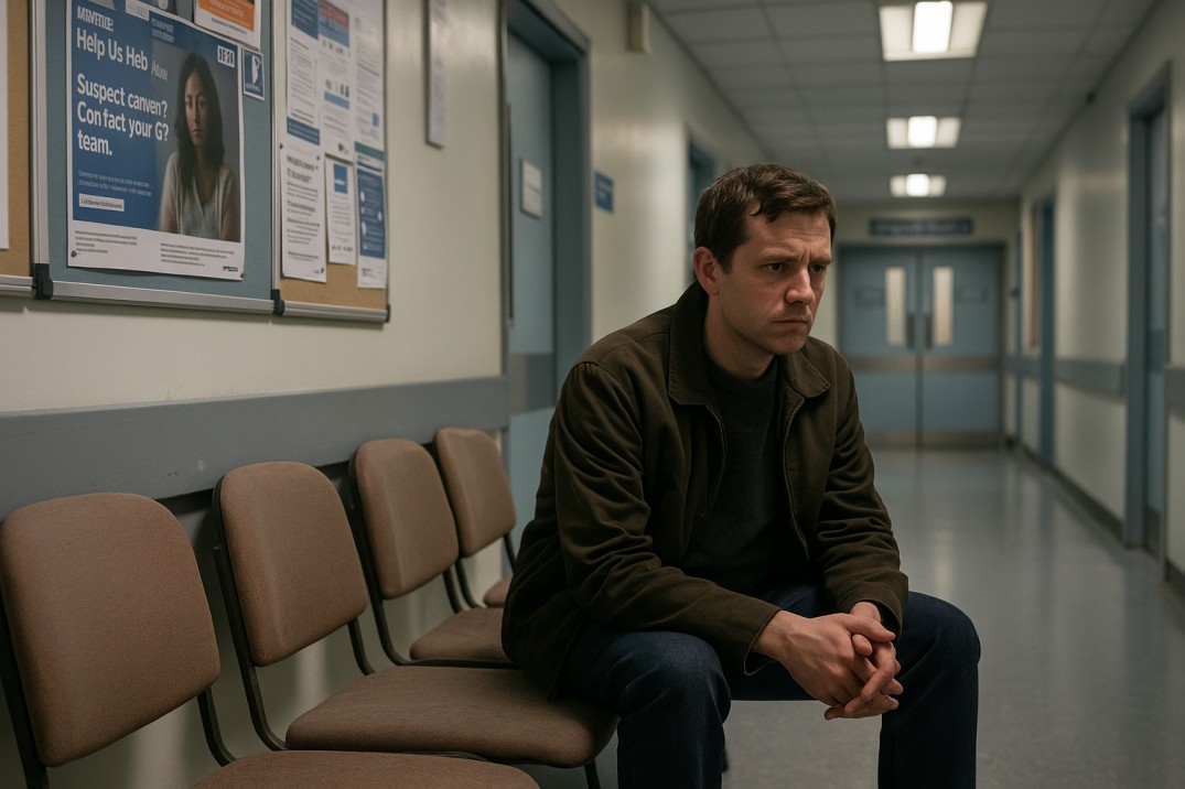 Patient waiting in hospital corridor for cancer diagnosis