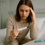 Woman with pregnancy test beside GLP-1 injection pen