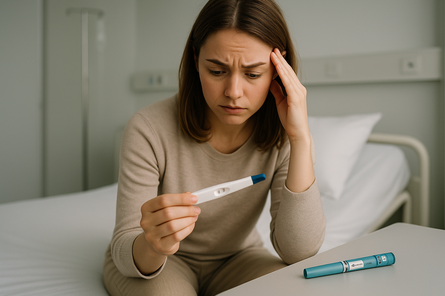 Woman with pregnancy test beside GLP-1 injection pen